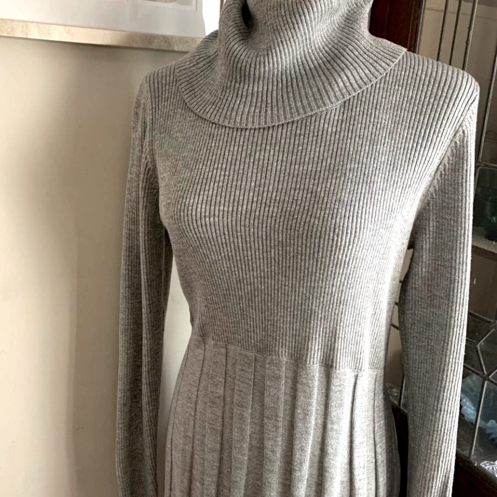 Ashro Shimmery Silver Turtle Neck Midi Cable Knit Sweater Dress